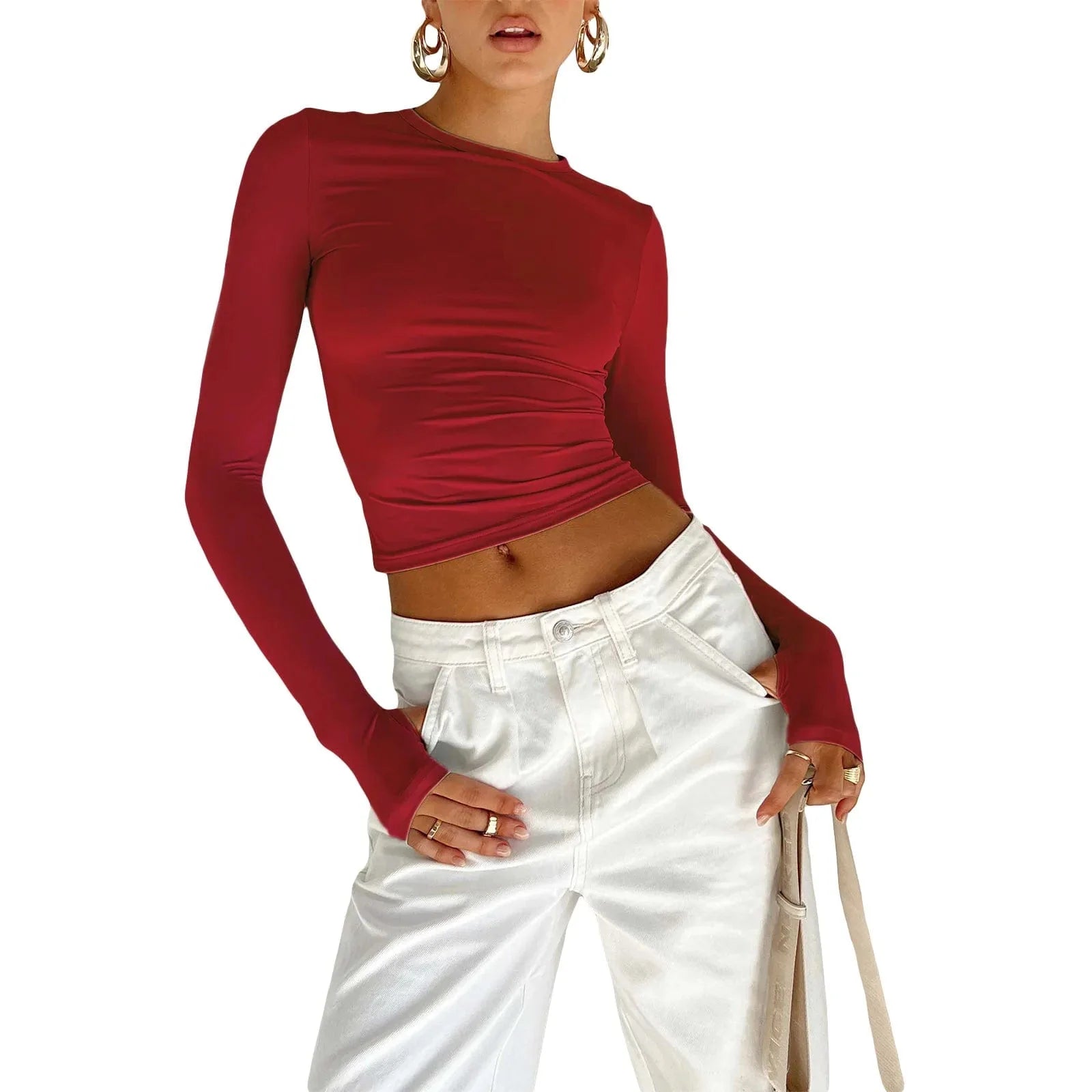Long Sleeve Slim Fit Crop Top with Thumb Holes